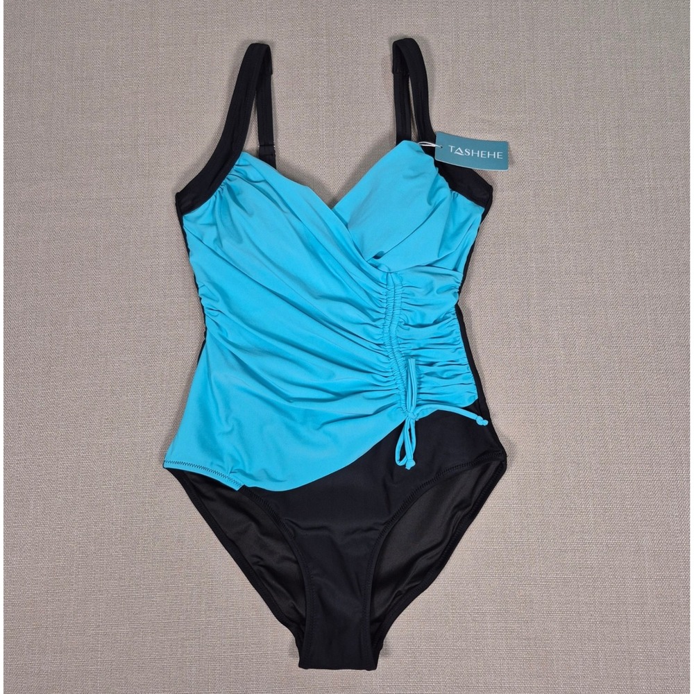 TASHEHE Women Turquoise Blue Black Ruched Wrap One Piece Swimsuit Size S NWT